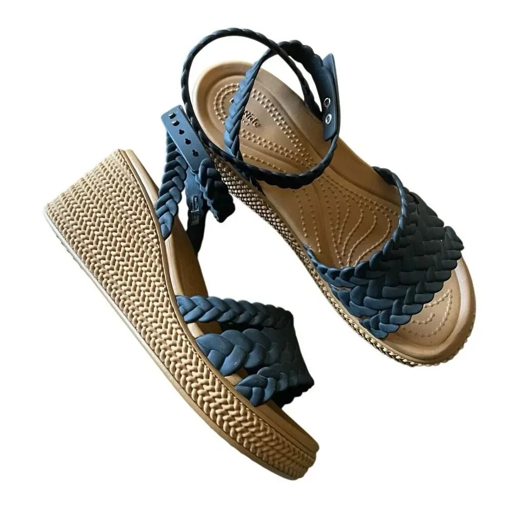 Crocs literide RARE wedge strappy ankle woven braided black tan boho festival co - Picture 5 of 5